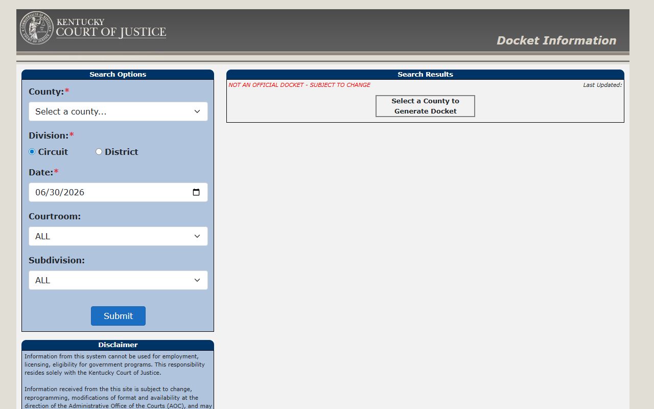 McCreary County court dockets Kentucky Trial Court Docket search fields