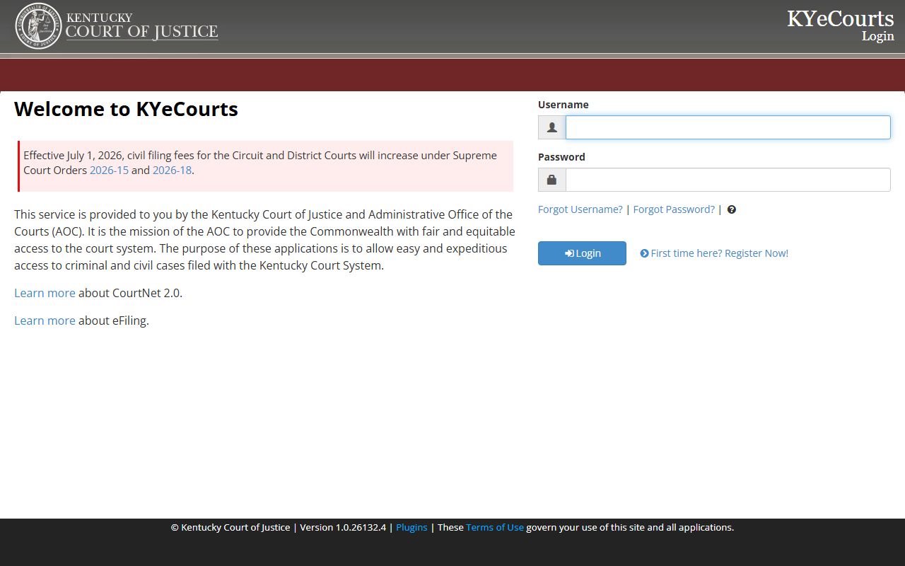 McCreary County court dockets KYeCourts CourtNet login access screen