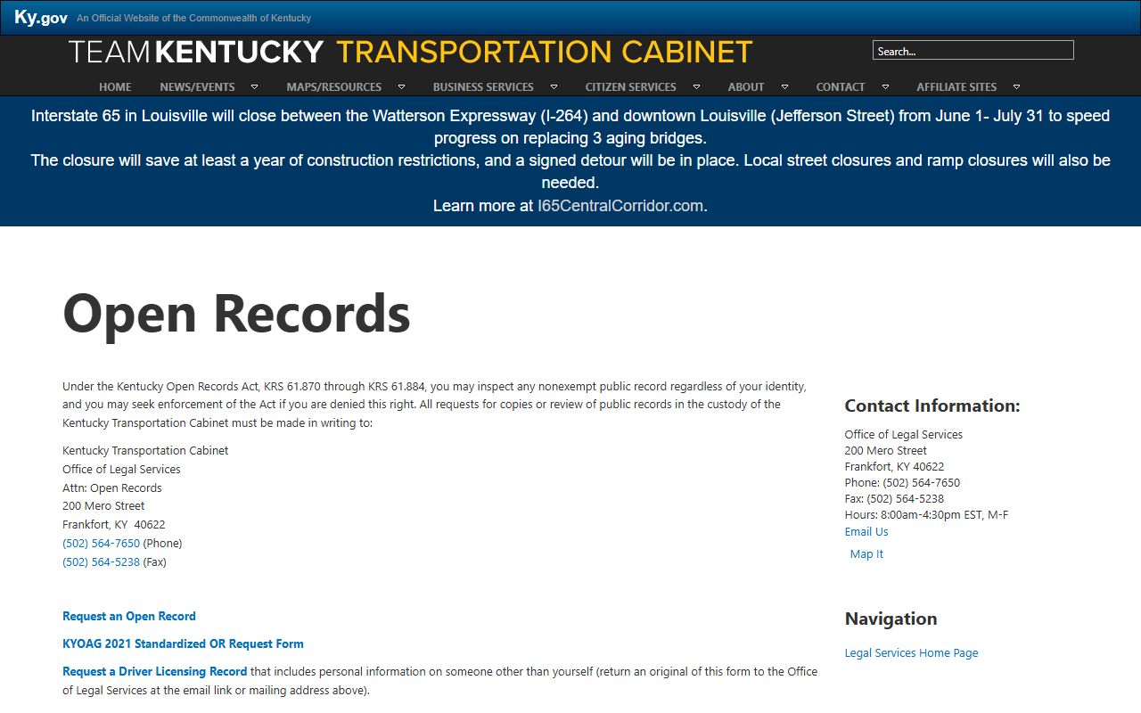 McCreary County court records Kentucky Transportation Cabinet open records page