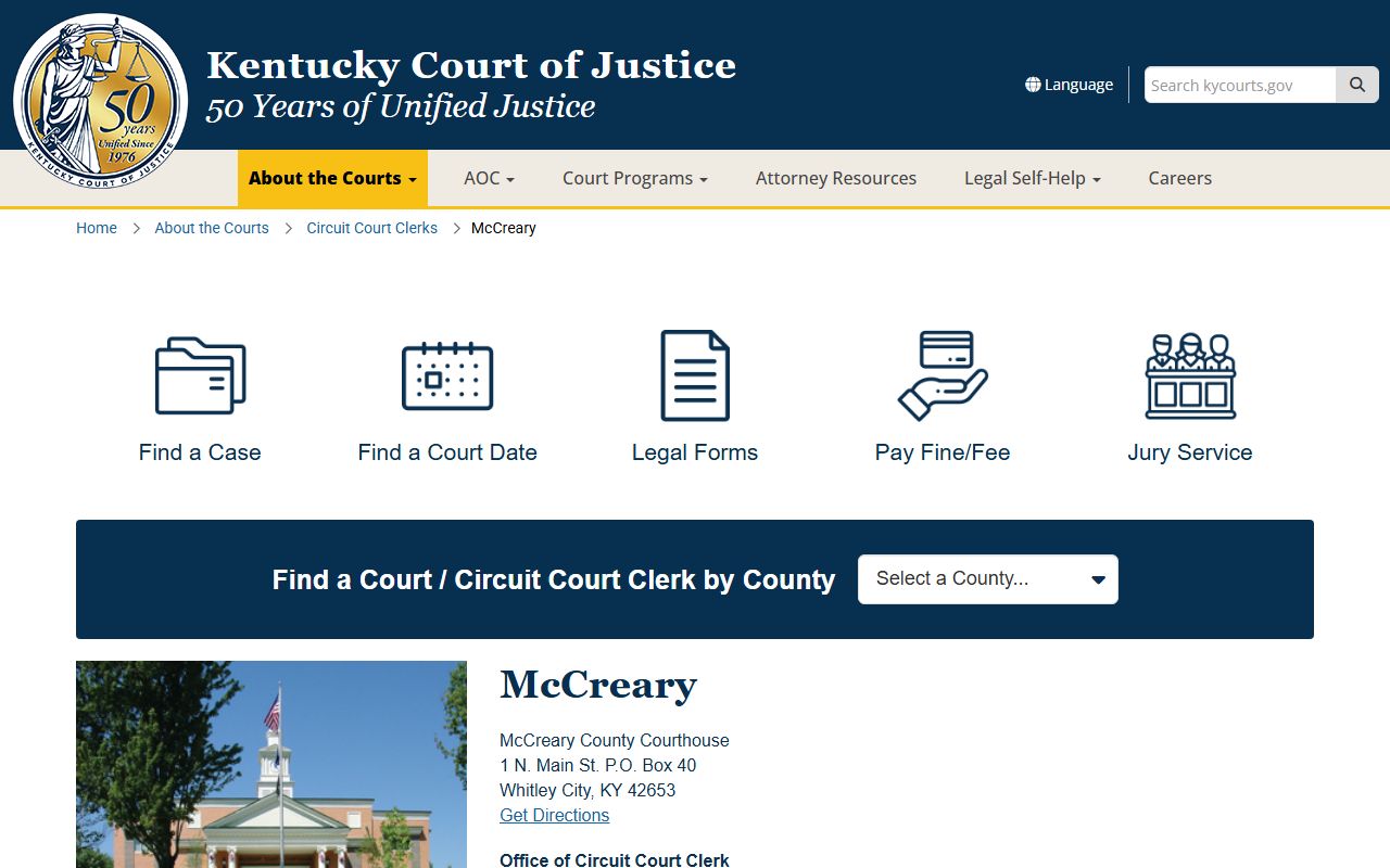 McCreary County court records page from Kentucky Court of Justice