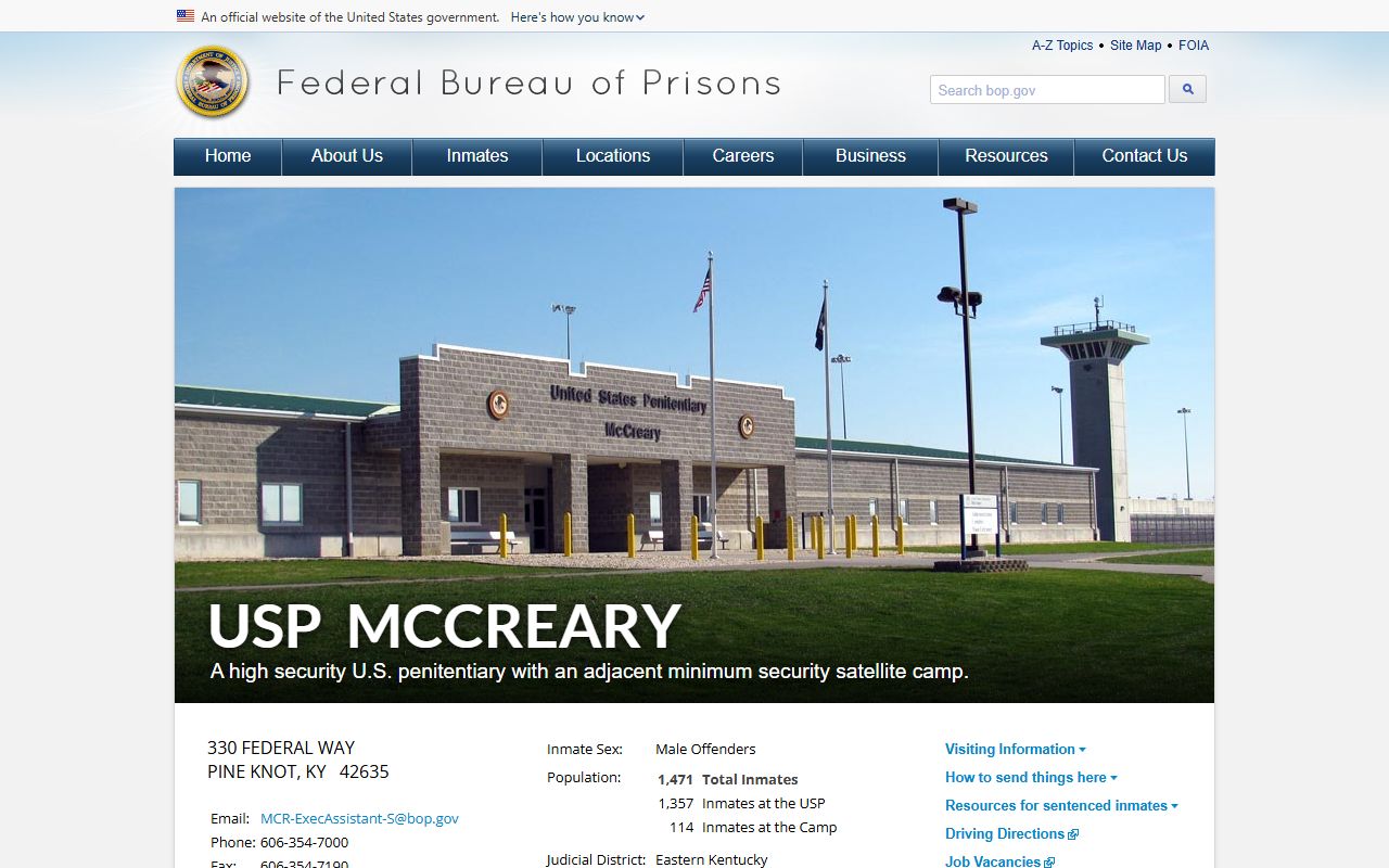 McCreary County inmate records federal Bureau of Prisons USP McCreary page