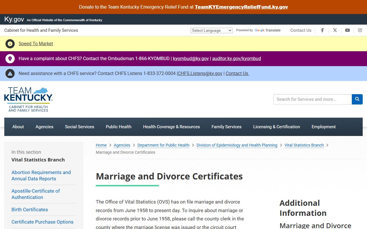 McCreary County marriage and divorce records CHFS certificate page