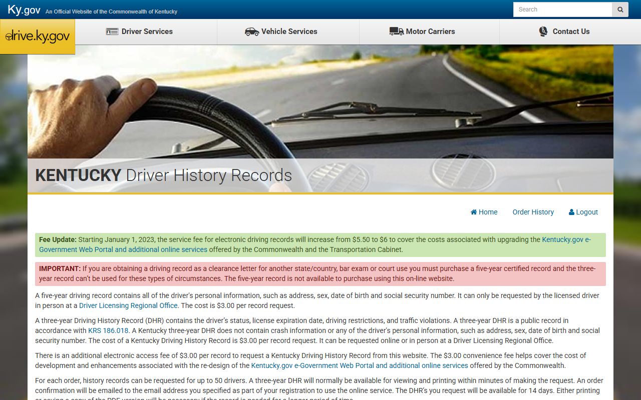 McCreary County traffic court records Kentucky three-year driver history portal